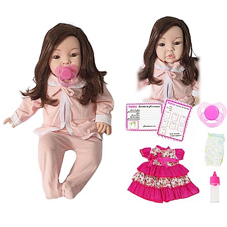 BONECA BEBÊ  REBORN REALISTA CABELOS CASTANHO LONGO KAYDORA