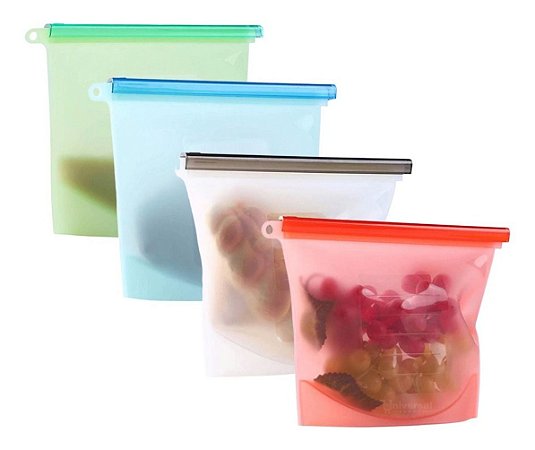Saco Porta Alimentos Reutilizável Silicone Bpa Free - Kit Com 4 Unidades