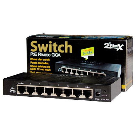 Switch 8 Portas Gigabit 10/100/1000 Poe Reverso 5-48V Cascateável - 2flex