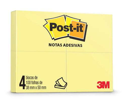 Bloco Adesivo Post-It 3M Amarelo - 38mmx50mm - Pacote com 04 Unidades - 100 Folhas