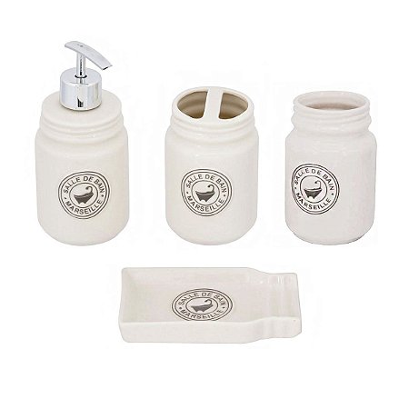Conjunto de Banheiro Cerâmica Jogo 4 Peças Porta Sabonete Algodão Escova Decoração Lavabo
