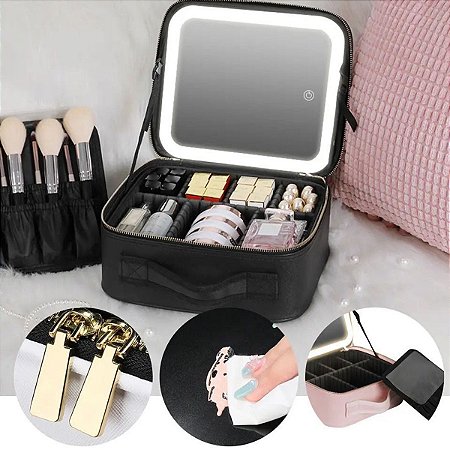 Maleta Maquiagem Necessaire Couro Com Espelho Luz Led Usb Makeup