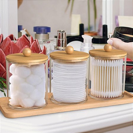 Kit Porta Algodão Cotonete Organizador 3 Potes Acrílico Tampa Bambu Disco Maquiagem