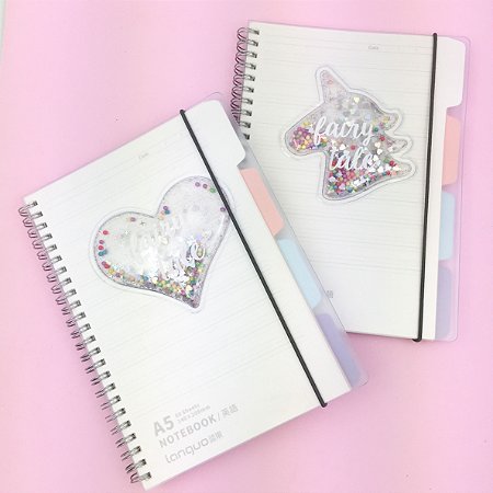 Caderno Anotações Wire-o Divisórias A5 Coração Unicórnio Glitter Papelaria Coreana