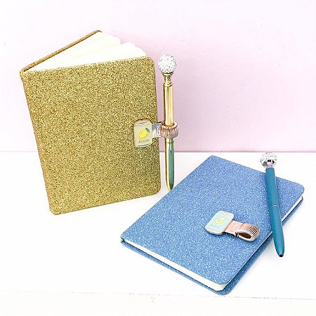 Kit Glam - Caderno glitter + caneta ponto de luz + clips caneta