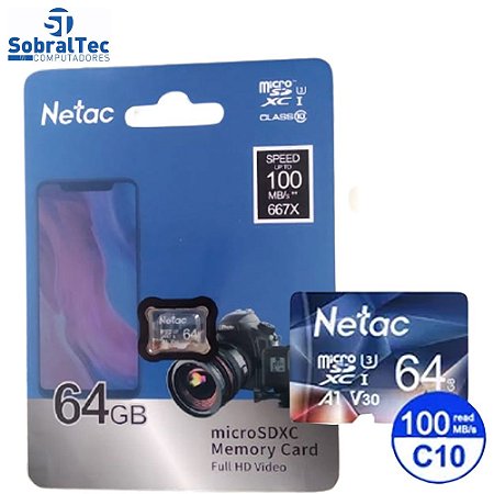 Cartão Micro SD Classe 10 U3 SDXC Netac 64Gb 100Mb/s De Leitura Com Adaptador SD