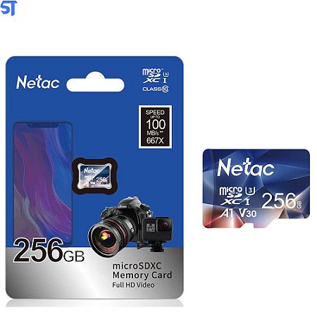 Cartão Micro SD Classe 10 U3 SDXC Netac 256Gb 100Mb/s De Leitura