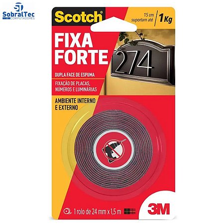 Fita Dupla Face 3M Scotch Fixa Forte Espuma Uso Interno e Externo 24 mm x 1,5 m Preta