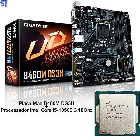 Kit Placa Mãe Gigabyte Ultra Durable LGA 1200 B460M DS3H V2 Chipset IntelH470 + Processador Intel Core i5 10500 3.10Ghz