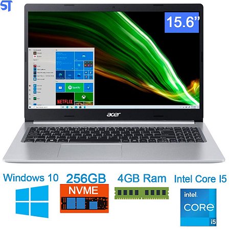 Notebook Acer Aspire 5 Intel Core i5-10210U, 4GB RAM, SSD 256GB NVMe, 15.6 Full HD, UHD Graphics, Windows 10 Home, Prata