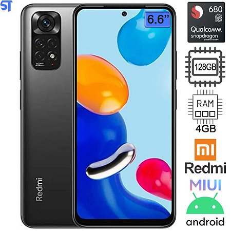Smartphone Xiaomi Redmi Note 11 -128GB / 4GB RAM / Dual Sim / Tela 6.6" / Câmeras 50MP + 8MP e 16MP - Cinza (Versão Glob