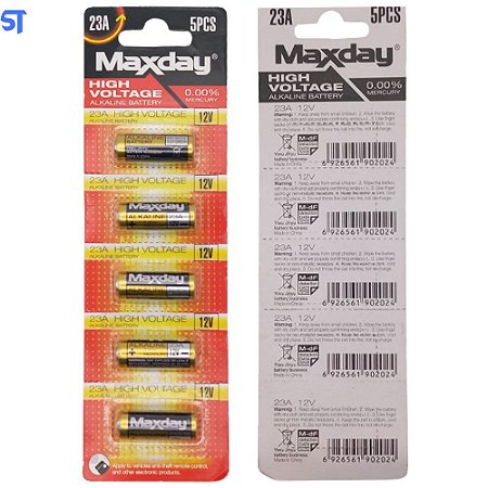Cartela de Pilhas Alcalina MaxDay 23A 12V 5 Pcs