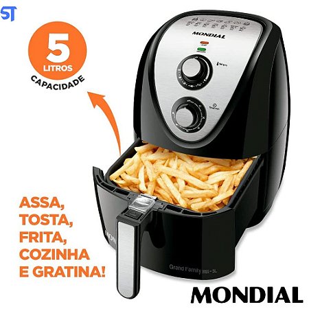 Fritadeira Elétrica sem Óleo/Air Fryer Mondial - Grand Family Inox AFN-50-BI Preto 5L com Timer