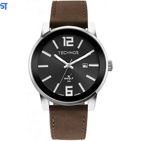 Relógio De Pulso Technos Social Pulseira De Couro Marrom Prata Masculino Golf 2115mxb/0p