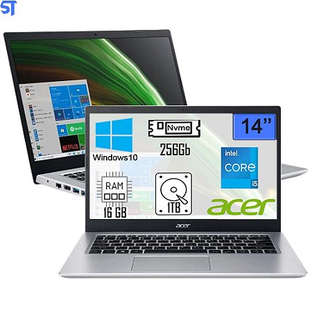 Notebook Acer Intel Core i5 11ª Gen-Ram 16GB-SSD NVMe 256GB + HD 1TB- Aspire 5 A514-54-54LT Windows 10 Home 14' Full HD