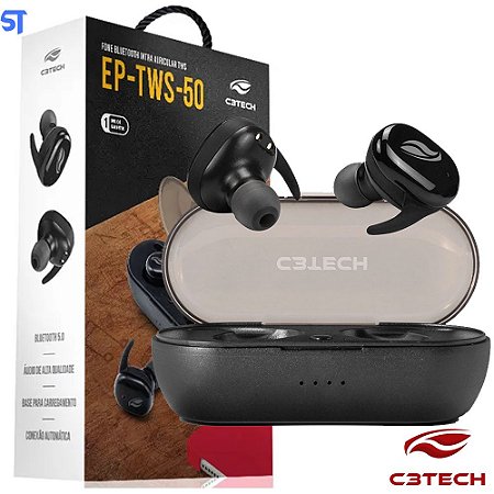 Fone de Ouvido Intra C3Tech EP-TWS-50BK - Bluetooth 5.0 True Wireless Intra-Auricular In-Ear Com microfone Preto