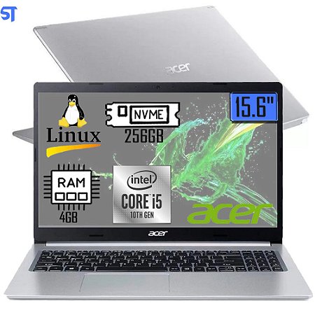 Notebook Acer Aspire 5 Intel Core i5-10210U A515-54-557C  -4GB Ram - Mvme SSD 256GB 15.6 Full HD Ultrafino, Linux, Prata