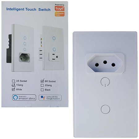 Interruptor Inteligente Para Casa Com Sokcet Padrão Brasileiro 1 Botão Com Amazon Alexa e Google Assistent Tuya - Branco