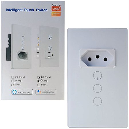 Interruptor Inteligente Para Casa Com Sokcet Padrão Brasileiro 2 Botões Com Amazon Alexa e Google Assistent Tuya - Branc