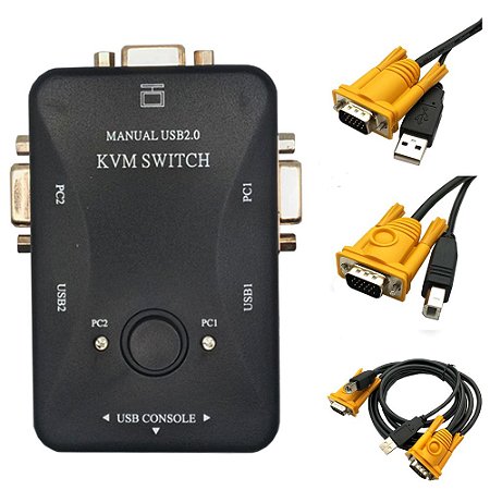 Chaveador Kvm Usb 2.0 Switch 3 Portas Vga e Usb B 3 Usb A Com 2 Cabos VGA Amarelo