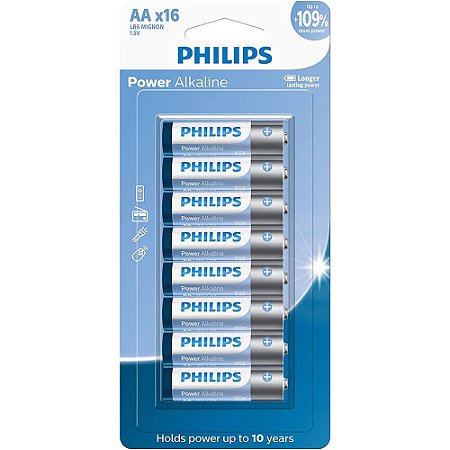 Pilha Alcalina Philips AA LR6P16B/59 Mignon 1,5V Longa Duração Pacote Com 16 Unidades
