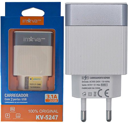 Fonte Carregador Rápido Com 2 Portas USB A 3.1A Inova Branco Com Cinza - KV-5247