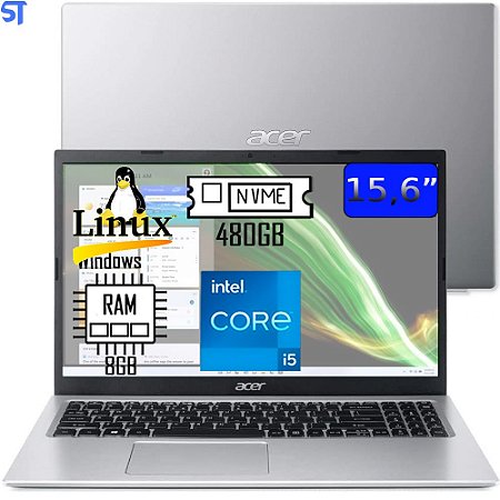 Notebook Acer Aspire A315-58-573P, Core i5 1135G7, 8GB, 480GB SDD M.2 NVME, (Intel Iris X Graphics) Linux 15,6” LED FHD