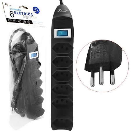 Extensão Elétrica Com Fusível de 6 Tomadas Knup SL7606-3M Preto