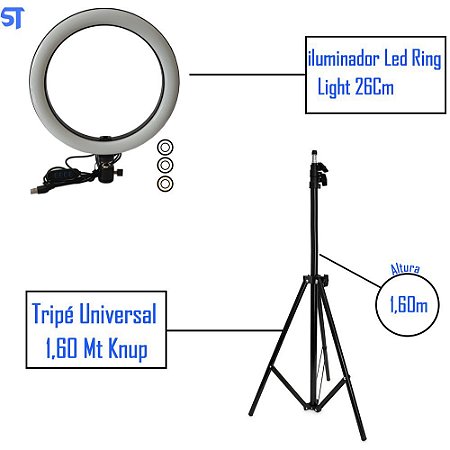 Kit Tripé Universal Knup 1,60m Ajuste de Altura Hastes em Alumínio KP-PL2616SC + Ring Light 10.2" 3200k á 5500k 26Cm 5V