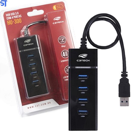 Hub USB 3.0 4 Portas com Led Super Rápido 5Gbps C3Tech - HU-300BK