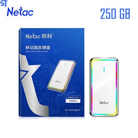 SSD Externo  250GB Gamer Rgb LED Netac Usb-C | USB 3.2 Gen 2 | Leitura 550 Mb/S Gravação 510 mb/s