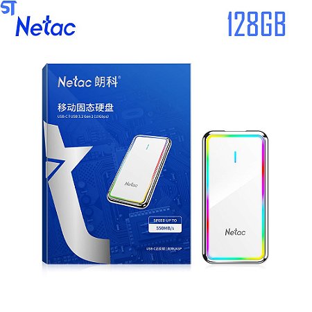 SSD Externo 128GB Gamer Rgb LED Netac Usb-C | USB 3.2 Gen 2 | Leitura 550 Mb/S Gravação  510 mb/s