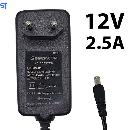 Fonte de Alimentação Sagemcom 12v 2.5a Pino 5.5 x 3.5mm Modelo NBS30E120250HB