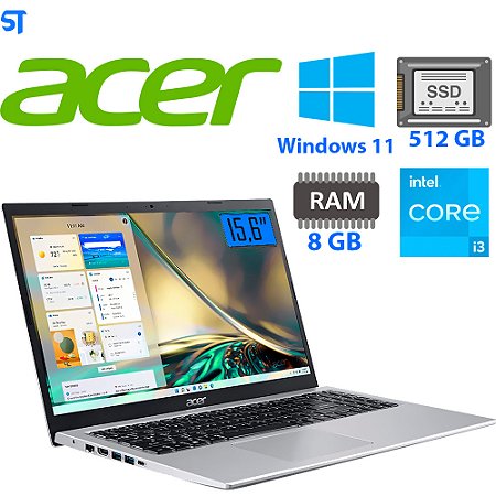 Notebook Acer A515-56-36UT Intel Core i3 1115G4 de 3.0GHz Tela Full HD 15.6" / 8GB de RAM / 512GB SSD - Prata