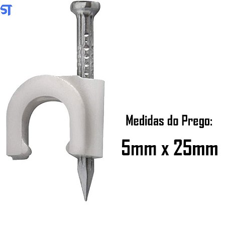 Pacote Fixa Fio Coaxial 8 Branco Com Prego 5mm x25mm Com 40 Peças