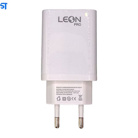 Fonte Carregador Rápido Com 1 Portas USB 3.0 e 1 Porta USB Tipo-C 3.1A Leon Pro Branco - 5040