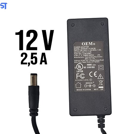 Fonte de Alimentação 12V 2.5A 30W Pino 5,2mm x 2,5mm Modelo: ADS0361-U120250
