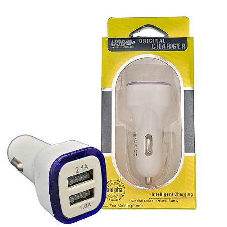 Carregador Veicular Fast Charging Com Duas Portas USB 2.1A/ 1.0A - Branco / Azul Escuro