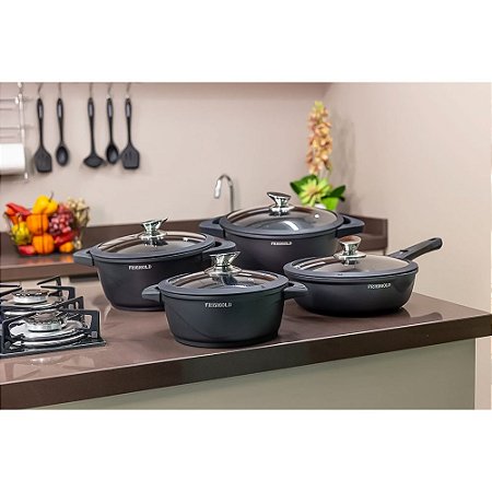 Conjunto de Panelas 4 Peças - Frigideira Wok 24cm + 3 Panelas 20cm, 24cm e 28cm + Tampas Frigigold