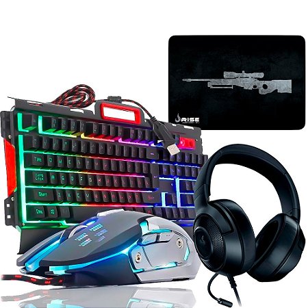 Kit Teclado e Mouse Gamer iluminação de LED e acabamento de Alumínio Com Headset e Mousepad