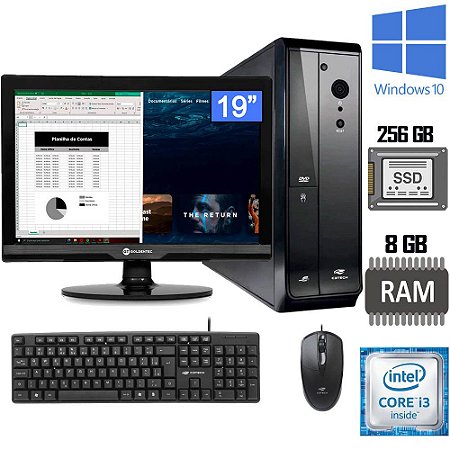 Computador Core i3-6100-6G-SSD 256GB-Memória Ram 8GB- Slim Horizontal e Vertical- Com Monitor 19 HDMI e Teclado e Mouse