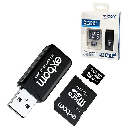 Cartão de Memória 64G Micro-SD -TF  10mbs STGD-TF64G 03067 Exbom Com Leitor de Cartão e Adaptador