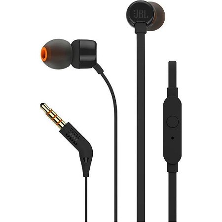 Fone de Ouvido JBL Tune T110 Intra-Auricular - Preto ‎JBLT110BLK Com Microfone Preto