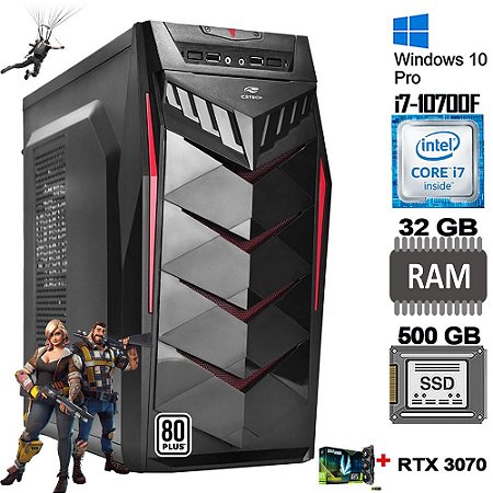 Computador Gamer Core I7-10700F, SSD 500GB M2 + HD 2TB, RAM 32GB,  H510M, RTX 3070, Fonte Revenger 750W, Gab MT-G70Bk
