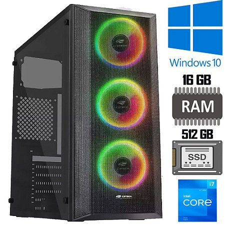 Computador Gamer Intel Core i7-10700F, H470M, RAM 16GB, SSD 512GB, Placa de Vídeo 4GB, Fonte 750w, Gab G220BK-Win 10 Pro