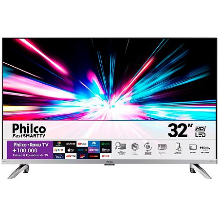 Smart TV LED 32" HD Philco PTV32G7PR2CSBLH Roku TV, Dolby Audio, Midia Cast, App Mobile, Processador Quad-core