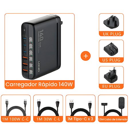 Estação de Carregamento 140W Com 3 Entradas USB e 3 Entradas USB-C  - Com 4 Cabos, LDNIO - A6140C