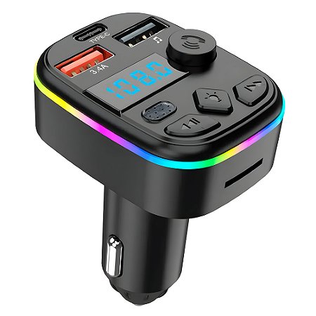 Carregador Veicular Com Duas Entradas USB e Uma USB-C, Suporta Cartão de Memória, Com Função Atender Chamadas