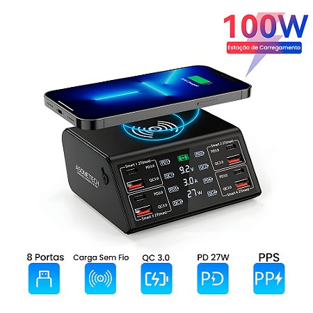 Estação de Carregamento 100W Com 4 Entradas USB e 4 Entradas USB-C - Suporte a Carga Sem Fio - ASOMETCH
