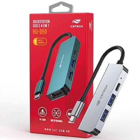 HUB USB Com Saída HDMI 4K, 2 Saídas USB e 1 Saída USB-C, C3Tech, HU-D50GY - Cinza